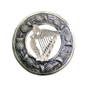 Irish Lady Harp Plaid Brooch Scottish Thistle Design