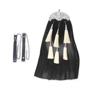 Synthetic Long Hair Sporran Black Body With 6 White Tassels & Chain Belt