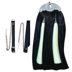 Synthetic Long Hair Sporran Black Body With 2 White Tassels