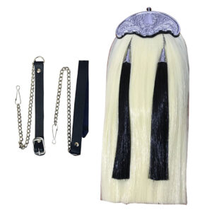 Synthetic Long Hair Sporran White Body With 2 Black Tassels